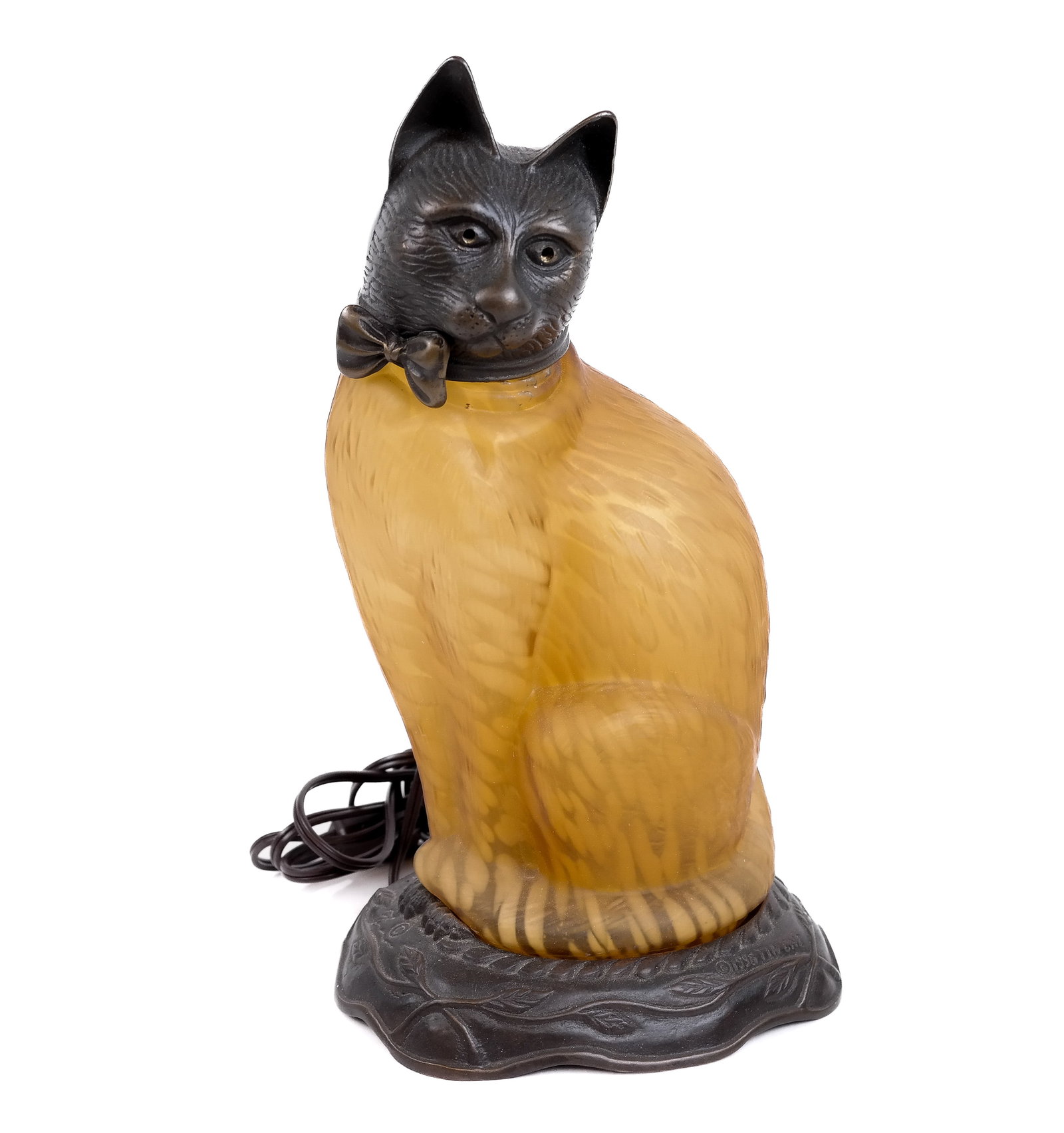 Tim Chi Art Glass and Metal Cat Lamp: Tim Chi art gas and metal cat lamp, modeled realistically, marks to base [12" H x 6.75" W x 6" D] Overall condition is good. Property from an Old Westbury Long Island Private collection. Condition rep