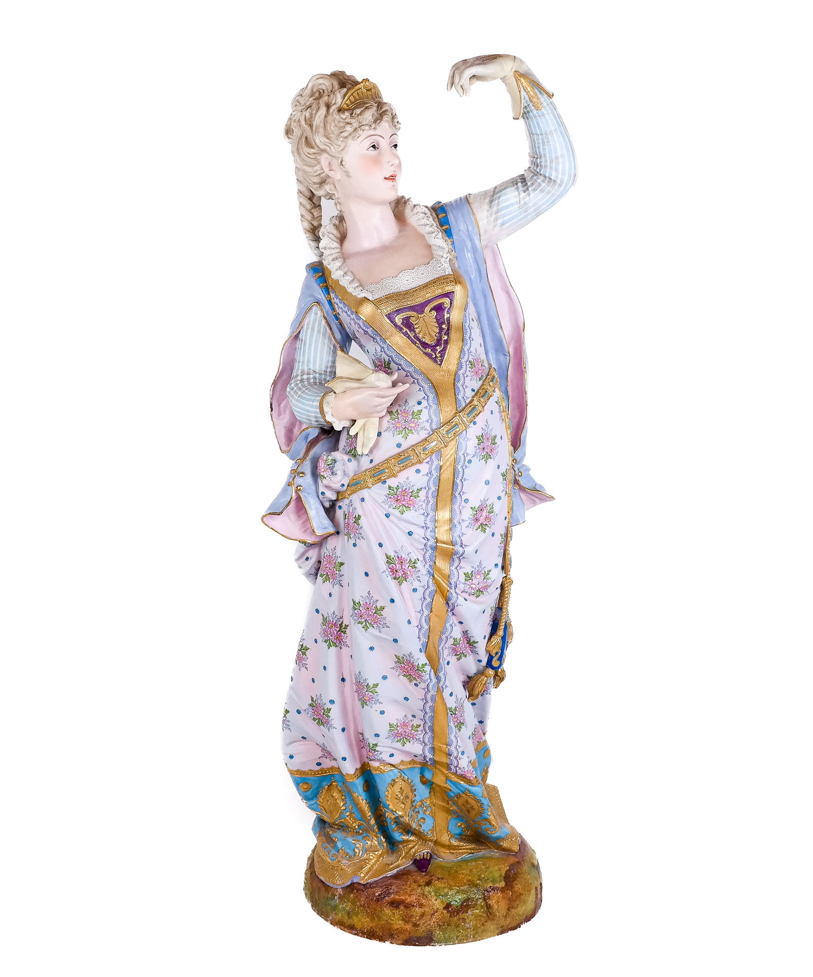 Large French Porcelain Figure of Woman: Large polychrome decorated porcelain figure of a woman bearing handkerchiefs, French. Probably Charles Levy and Company, marks to base. [31" H x 12" Diameter]. Overall good condition with a repair to