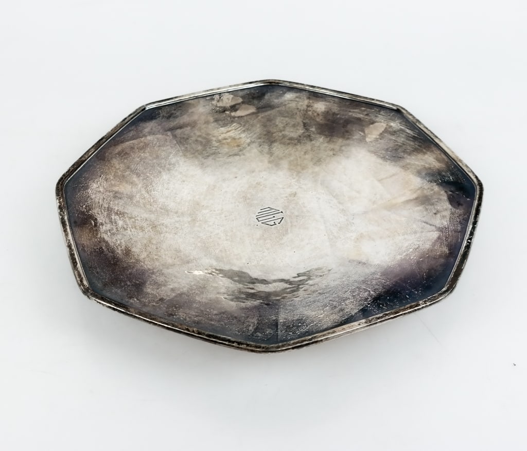 Tiffany & Co. Makers Sterling Silver Salver: Tiffany & Co. Makers sterling silver octagonal salver, monogrammed and hammered finish, mark to base and "Special Hand Work", 15 ozt. [9" Square]. Overall condition is good.
