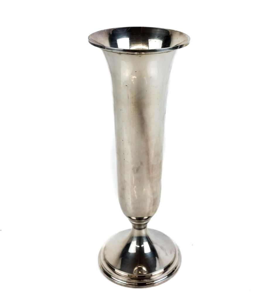 S Kirk & Sons Sterling Silver Vase: S. Kirk & Sons sterling silver vase, monogrammed, 11 ozt. [10.25" H x 3.75" Diameter] Overall condition is good.