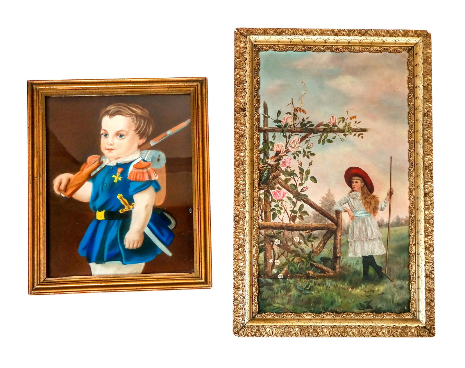 Two Portraits of Girls: An oil on canvas portrait of a girl in a garden and a portrait of a girl in soldier dress. [Art: 34" H x 20" W and 22" H x 17" W; Frames: 26" H x 21" W and 38.5" H x 24" W]. Girl in garden painting wi