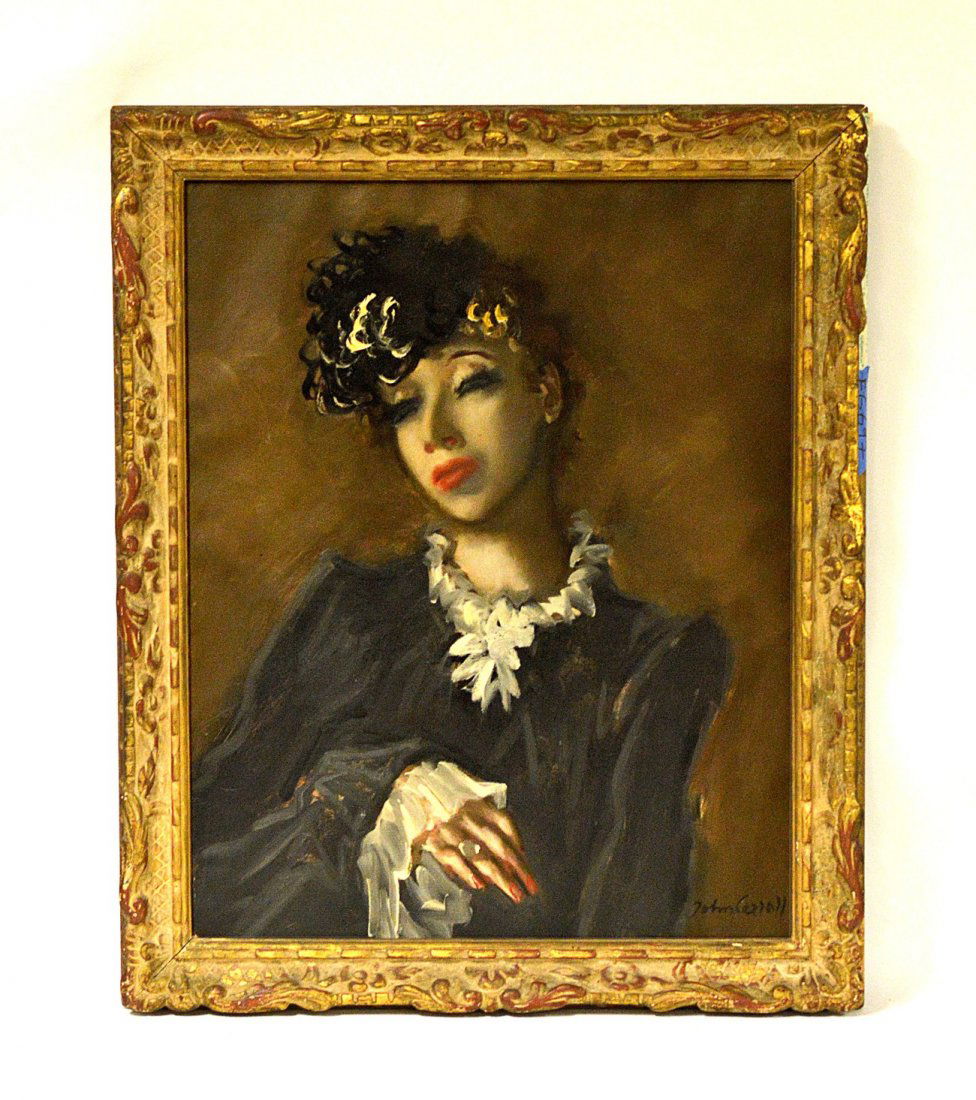 John Wesley Carroll Oil on Canvas: Bust length, three quarter profile, depiction of a stylized young woman. Signed bottom right "John Carroll". Art: 29 1/2" x 23 1/2". Frame: 35" x 29". Minor stains and scuffs.