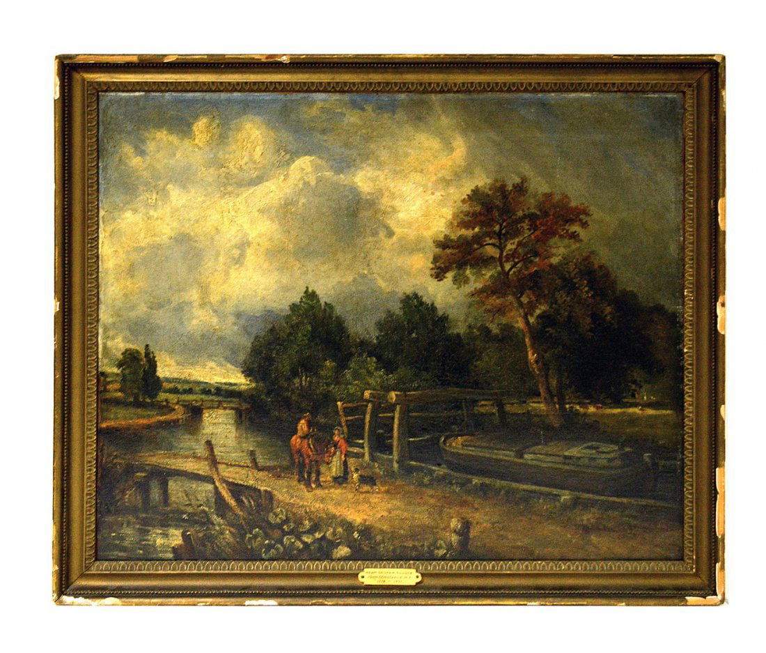 After John Constable Oil on Canvas - Dedham Sussex: Canal scene with figures and landscape background. Wear at extreme edges and soiling with craquelure. Art: 24 1/2" x 29 1/2". Frame: 28" x 33".