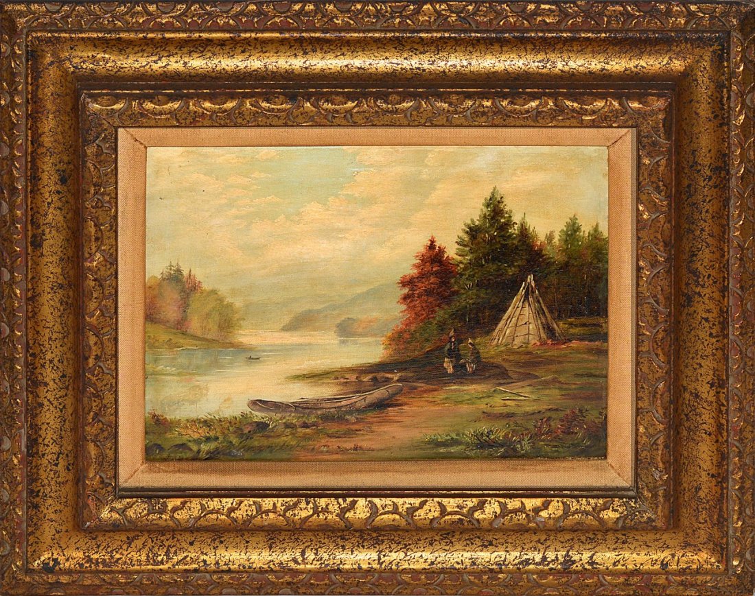 After John Mix Stanley, Oil on Canvas: Depiction of two Native American figures at a river side camp with tepee and bark canoe. Art: 8 1/2" x 11 1/2. Frame: 16" x 19". Soiling with few areas of inpainting.