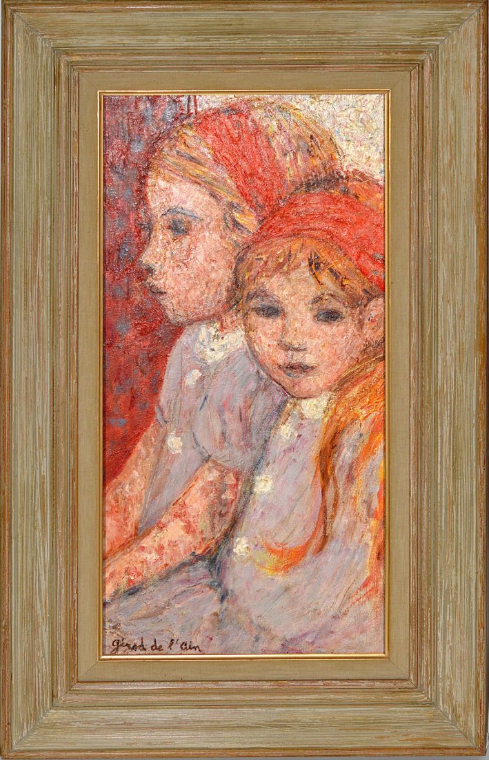 Helene Girod de L'Ain - Les Soeurs: Oil on canvas of two sisters. Signed lower left " Girod de L'Ain." Handbill from previous auction affixed to verso. Art: 11" x 23"H. Frame: 19" x 31"H. In good condition.