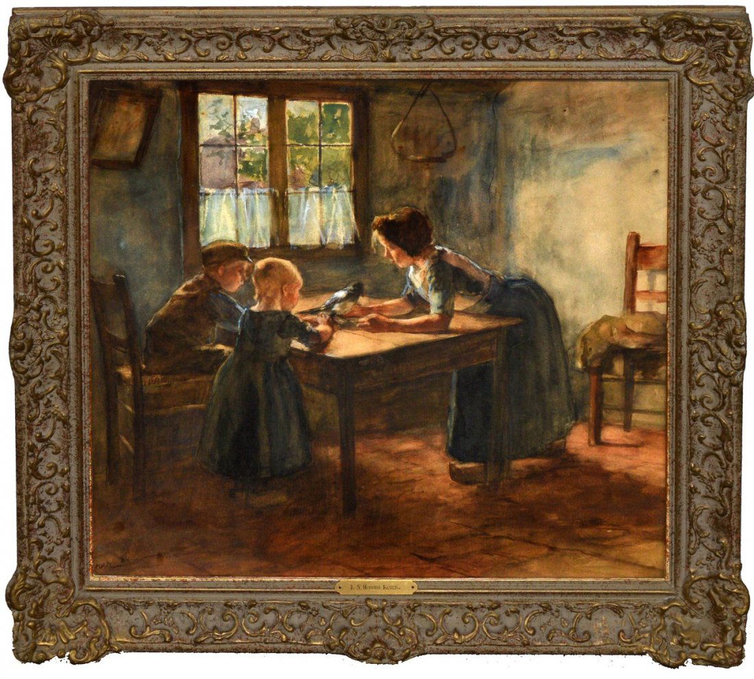 Jacob Simon Hendrik Kever [ 1854-1922], Watercolor: Watercolor on paper depicting an interior scene of a mother and her children. Signed lower left "Kever 86". Framed under glass. Art: 20 1/2" x 20"H. Frame: 26" x 25 1/2". Good condition.