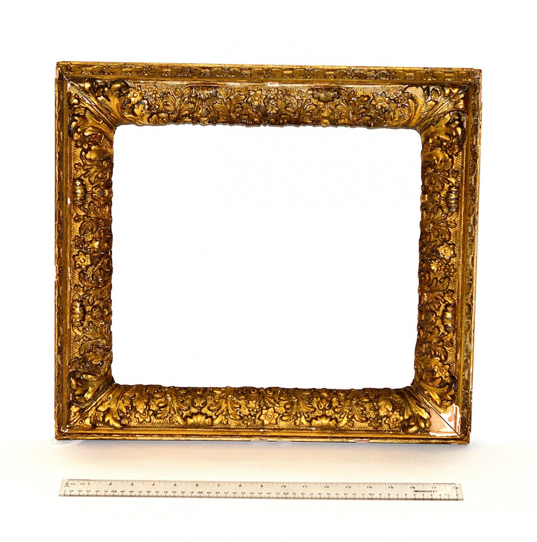 Antique Gilt Gesso Renaissance Revival Frame: Features all-over acanthus motif against a diaper pattern. Chips, with losses at one center.