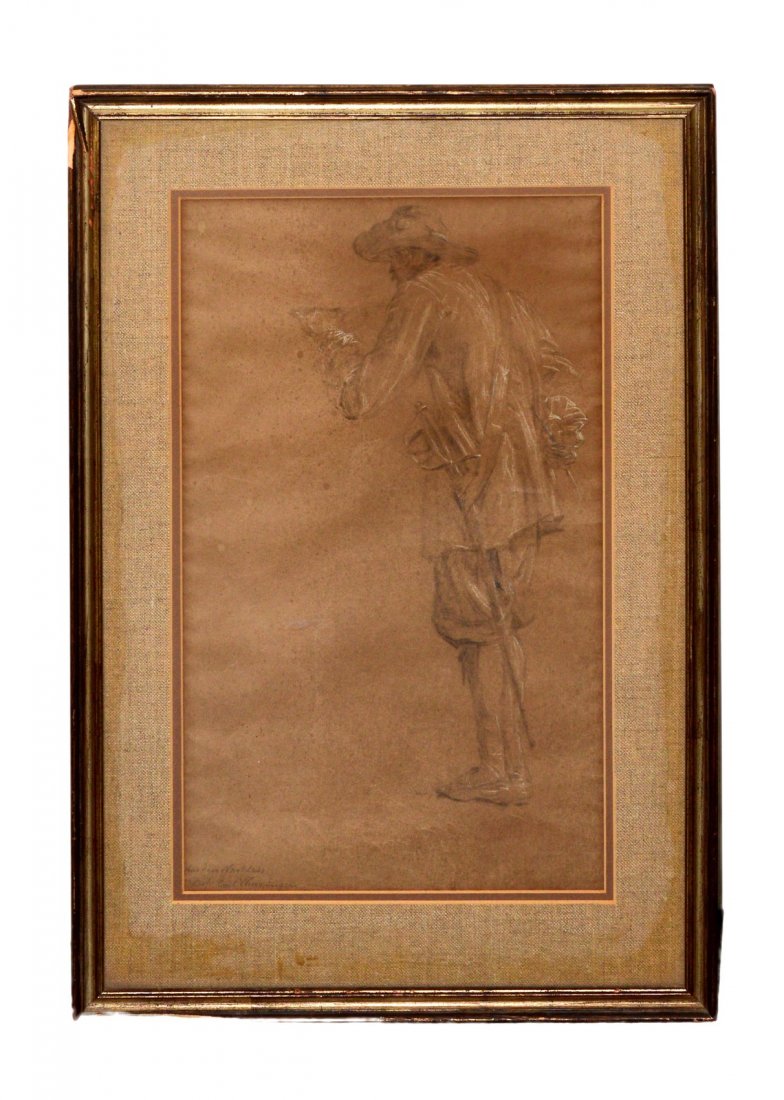 Carl Wurzinger [1817-1883] Cavalier: Charcoal and pencil on brown paper. Signed and inscribed in pencil lower left. Art: 11" x 18 1/4"; Frame: 18" x 24 1/2" H. Creasing, water damage, and some foxing.