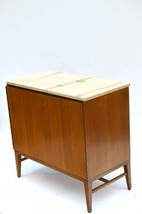 Paul McCobb Server: Paul McCobb server, travertine top. Front bears accordion hinged door concealing four drawers. Minor chips and scuffs. 36"W x 19" Dx 34"H.
