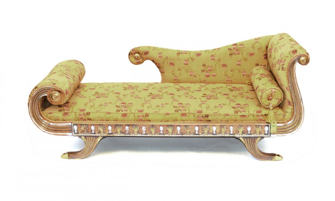 French Style Chaise: Bears splayed legs on brass lion paw feet with parcel gilt and silvered carved accents. 78"W x 28"D x 33"H. 16"H to seat.
