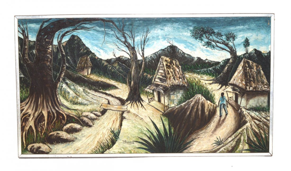 Jacques Enguerrand Gourge, Oil on Board: Depicts a sole figure in landscape with three huts. Signed bottom center: "J.E. Gourge." Few minor scuffs. Art: 19 1/4" x 35"; Frame: 20 1/8" x 36".