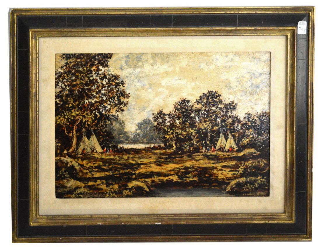 After Ralph Albert Blakelock, Oil on Board: Impressionistic depiction of figures and teepees at a riverside clearing. Unsigned. Art: 11 1/2" x 17"; Frame: 18 1/2" x 24 1/8". Verso bears: "Printed University of Nebraska" label and an affixed not