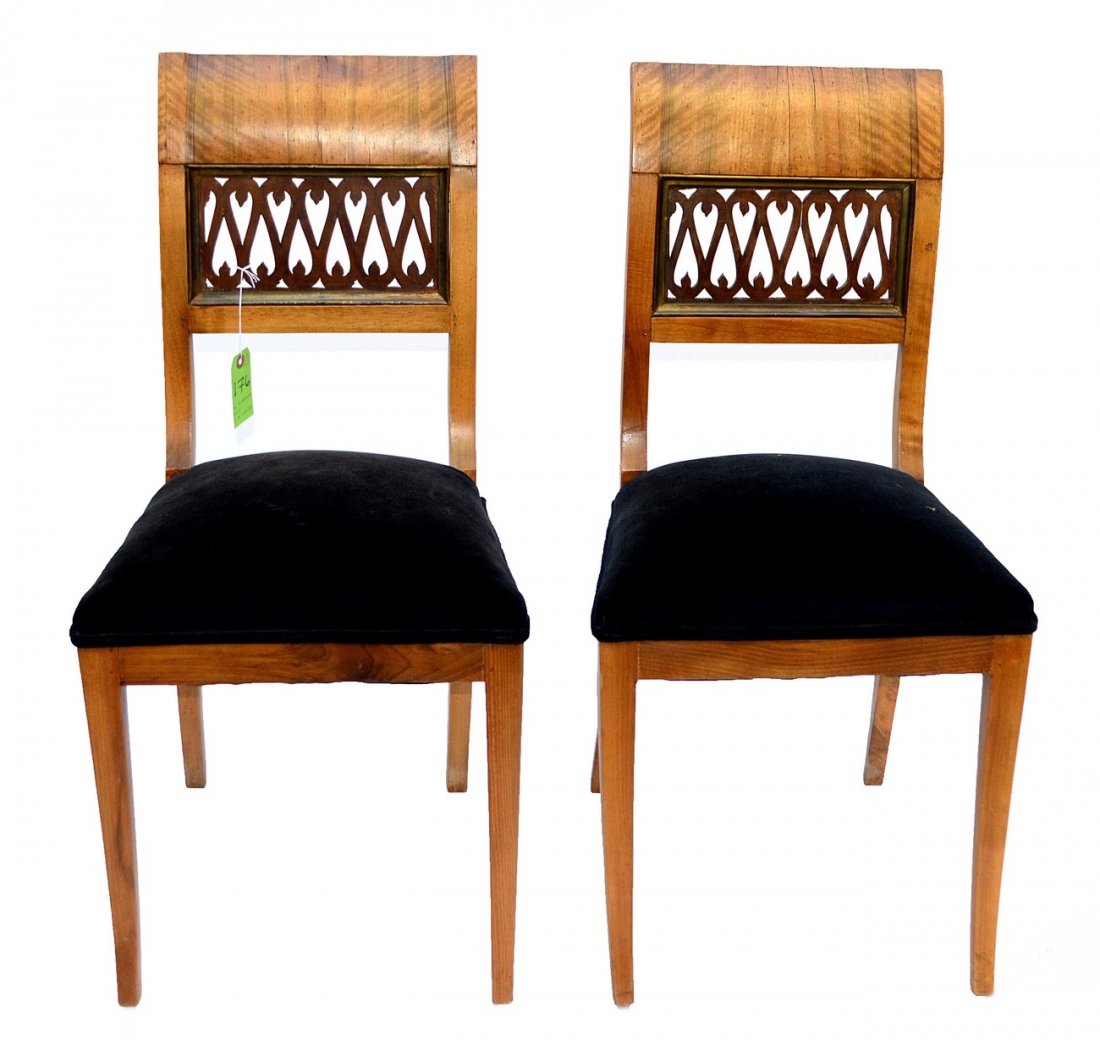 Pair of Biedermeier Style Side Chairs: Pair of Biedermeier style side chairs with black velvet upholstery. 17" x 15" x 33 1/2" H. Good condition, some scratches.