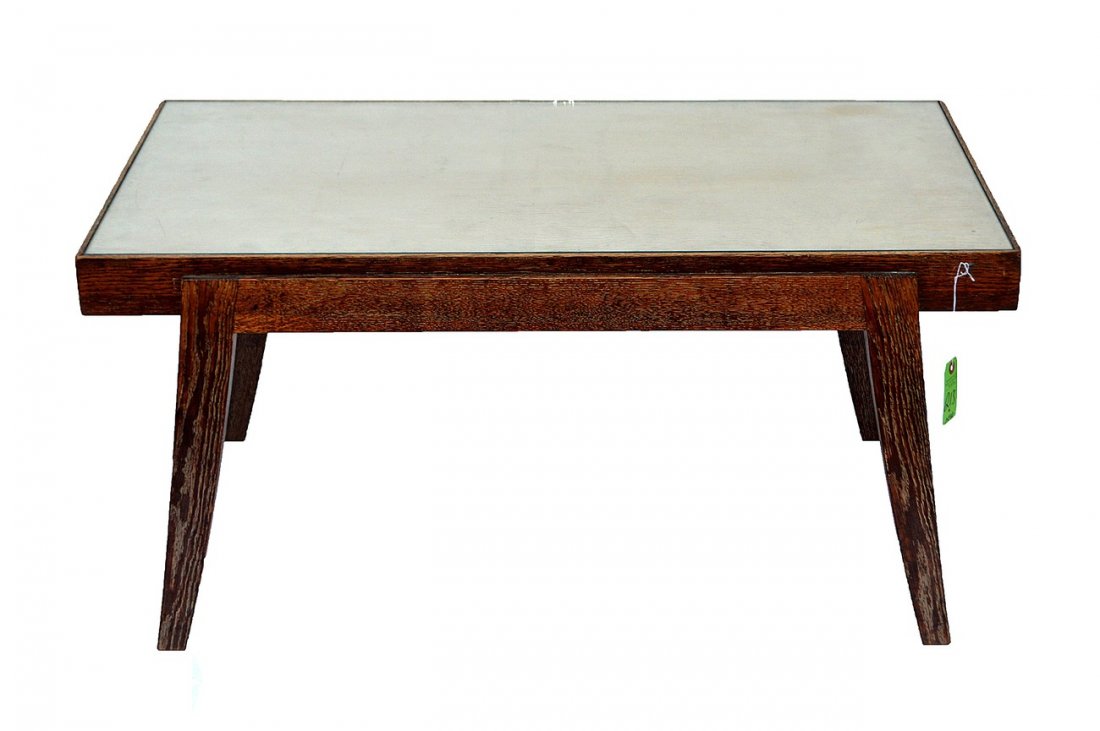 Charles Dudouyt Coffee Table: Limed oak, inset glass top. Good condition. 44" L x 25" D x 21" H.