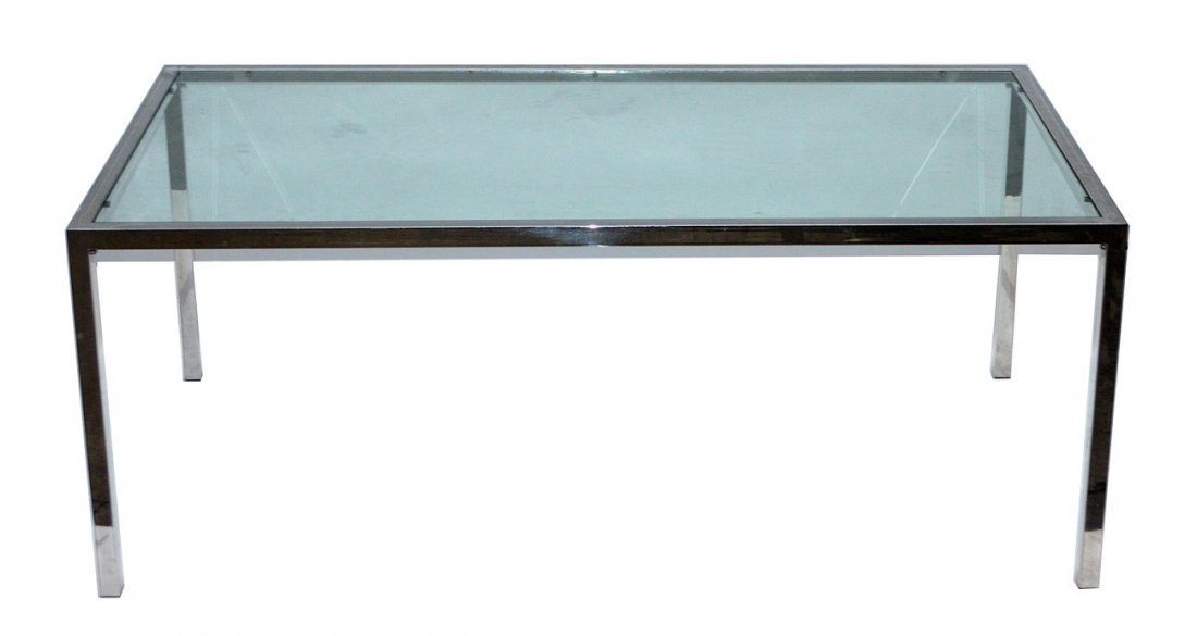 Brueton Dining Room Table: Chrome dining room table, glass inserts; with two console/bracket form extensions. 42" x 72" x 28". Accompanied by original 1974 purchase order document from Brueton Industries, Inc.