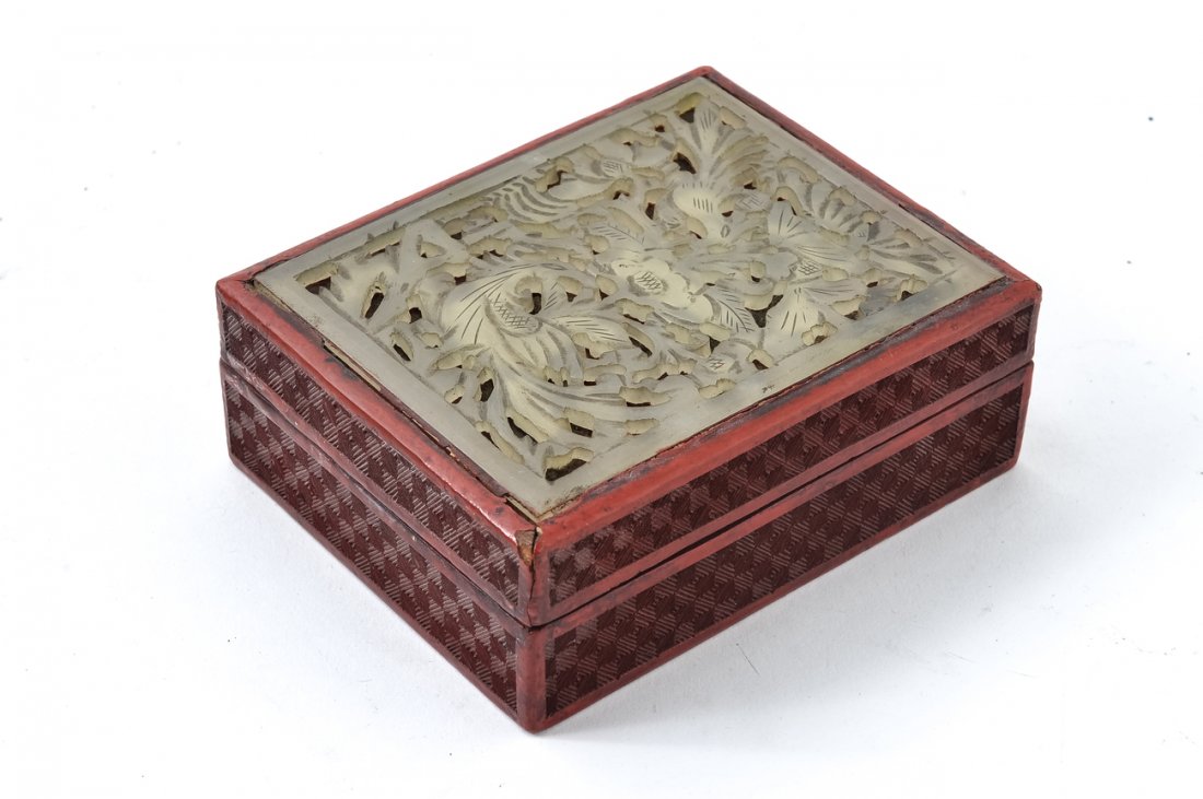 Cinnabar & Jade Box: Green ornate inset decoration, red covered box.