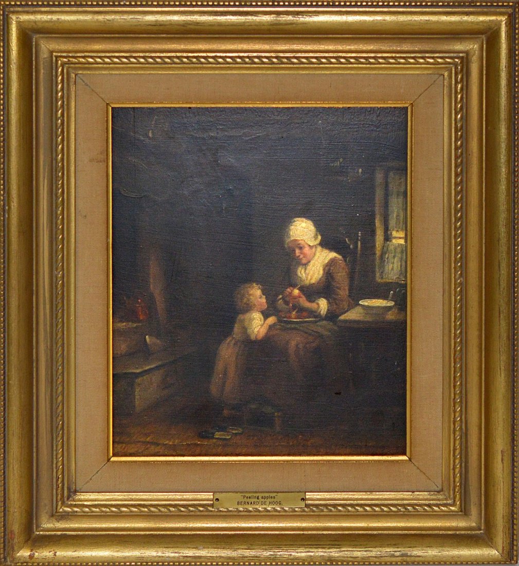 After Bernard de Hoog, Oil on Board: Depicts a seated woman in traditional Dutch costume peeling apples as a young child looks on. Art: 11 3/4" x 9 1/2"; Frame: 19" x 17". Soiling, otherwise complete.