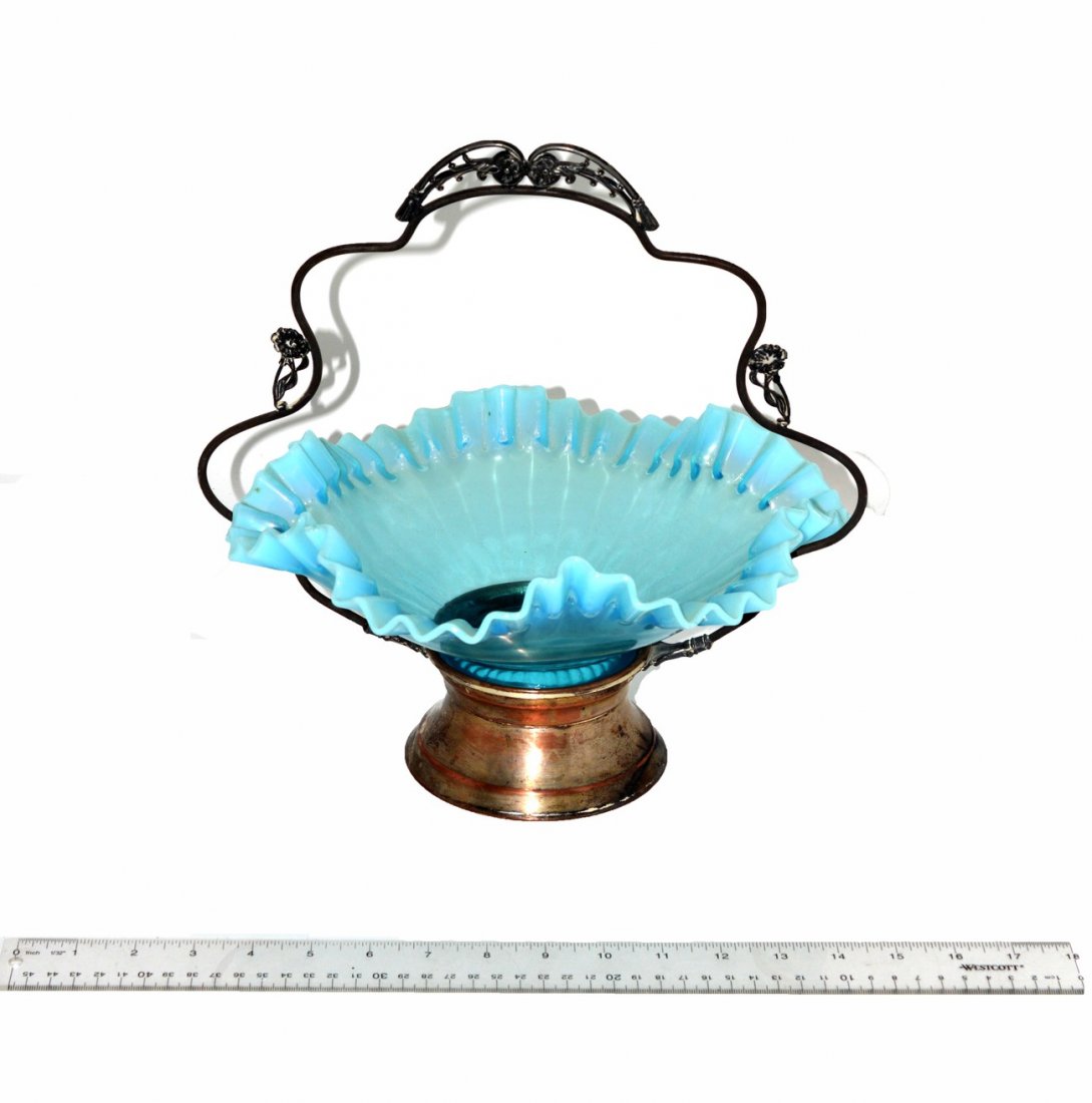 Victorian Glass Centerpiece: Silver plate basket form holder, blue glass shaped plate.