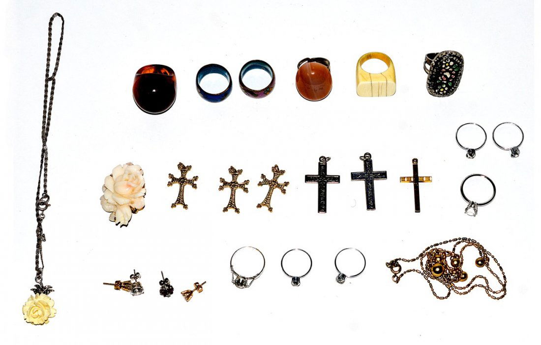 Assorted Rings and Others: Comprises 15 rings, six cross pendants [one 14k gold filled], and others. Includes: paste stones, enamel, and ivory among others.
