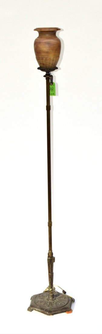 Alabaster & Bronze Floor Lamp: Incised base, urn form, alabaster shade.