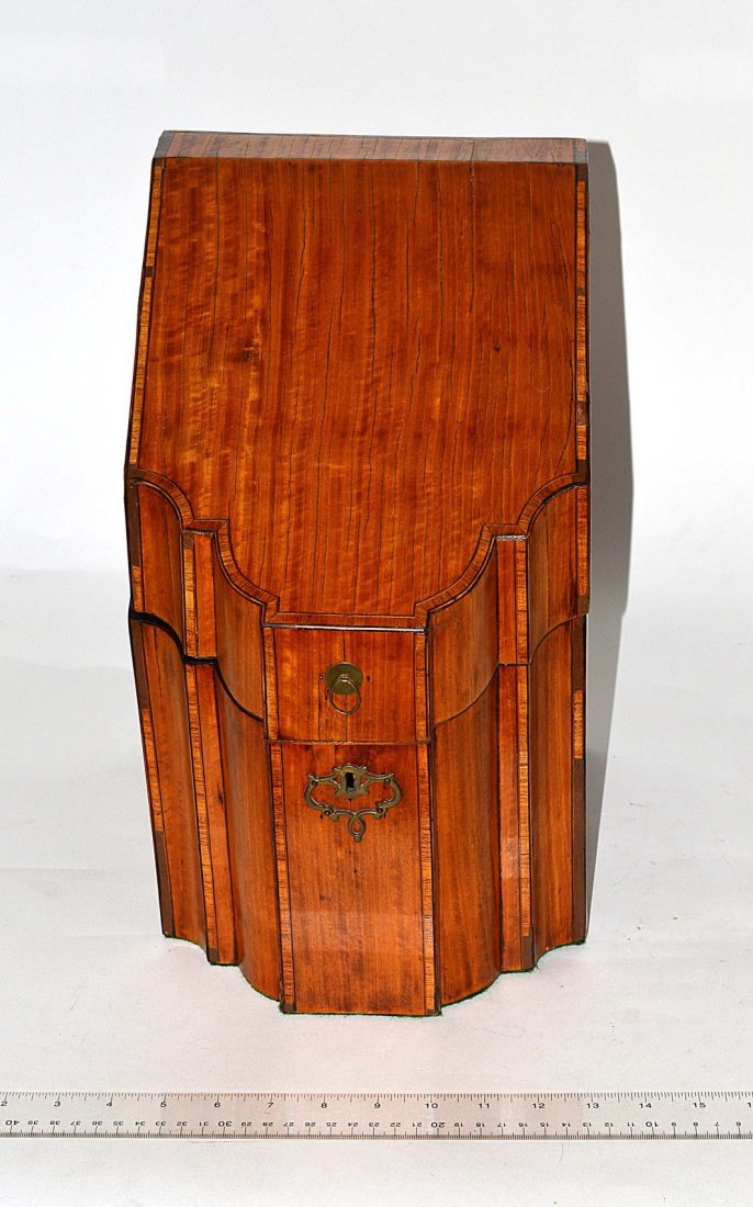 Antique Maple Slant Top Caddy: Features banded inlay and articulated front.Bears Cracking veneer with losses and previous repairs. 8 3/4"W x 11"D x 14 1/2"H.