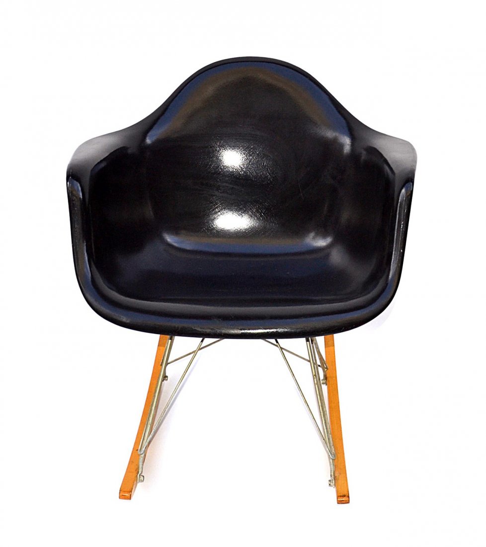 Herman Miller Rocker: Black rocking chair having molded seat. As is, broken from base of seat. Seat and base are matched, possibly not original.