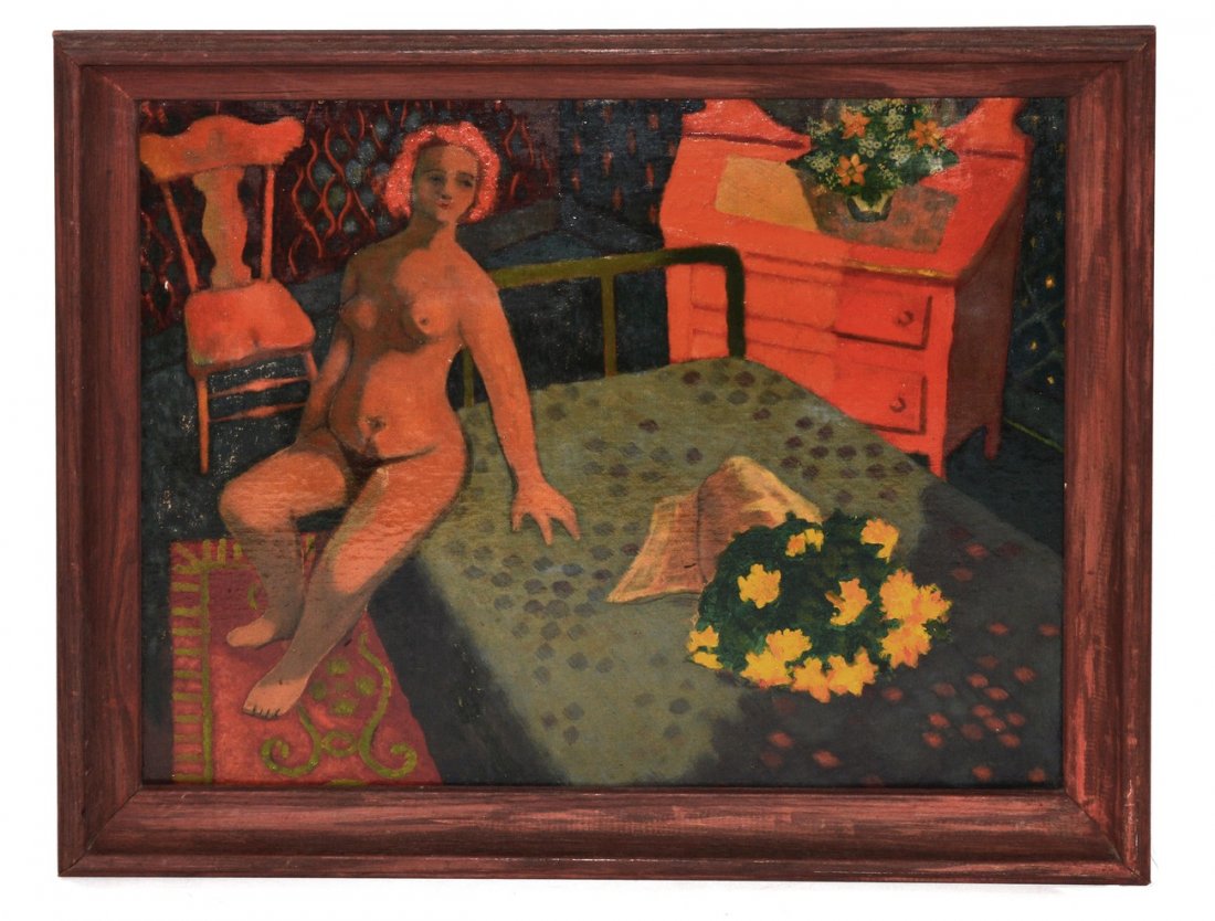 Oil on Canvas Mounted on Board, Nude: Impressionistic depiction of a full-length female nude seated on a bed. Unsigned. Art 15 1/4" x 19 1/4". Frame 18 3/4" x 22 3/4". Some scuffs, but otherwise in good condition.