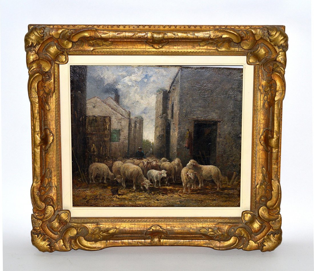After Charles Jacques, Oil on Board: Depicts Shepard with flock in village street. Signed bottom left: "Ch. Jacques." Image: 11 1/2" x 13 1/2". Frame: 17 3/4" x 19 3/4".