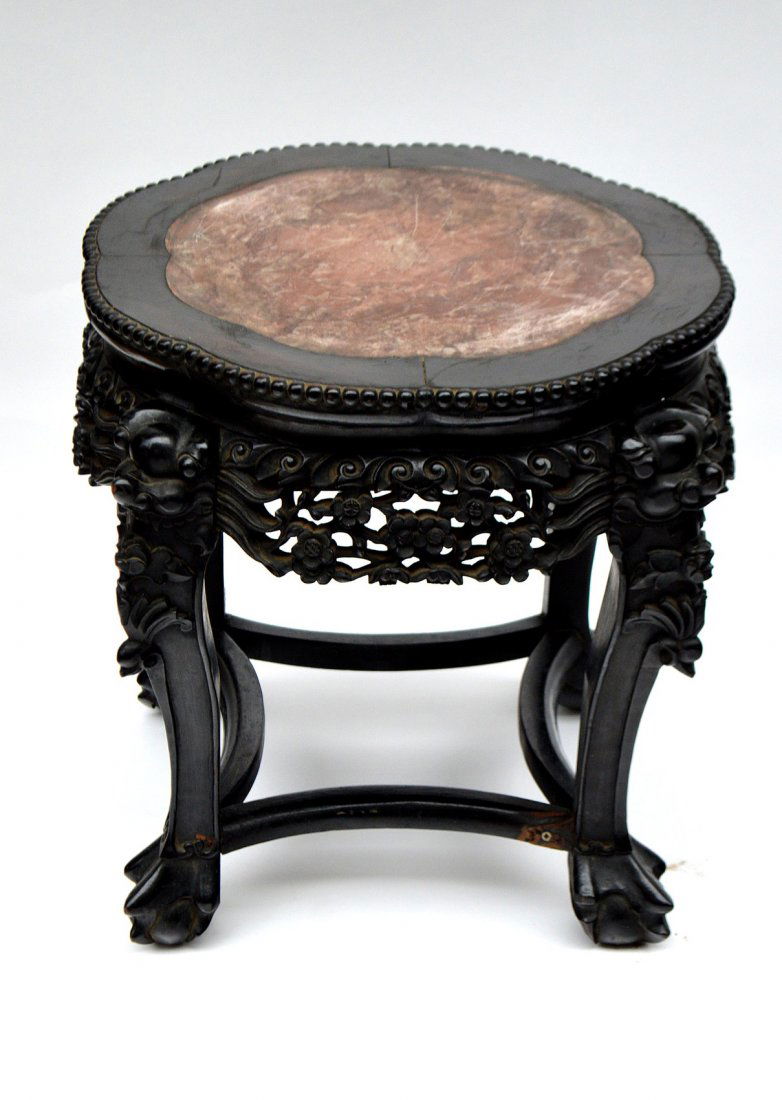 Chinese Taboret: Chinese carved marble inset and pierced form ebony taboret. 18" H x 17 1/2" Dia.