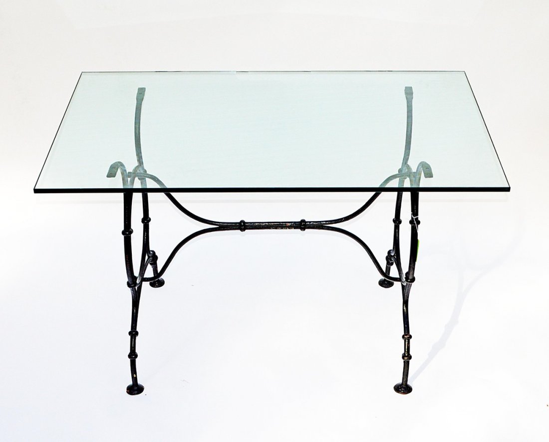 Iron & Glass Dining Room Table: Black iron frame with a glass top. 27 1/4" x 27 1/2" x 1/2" thick.