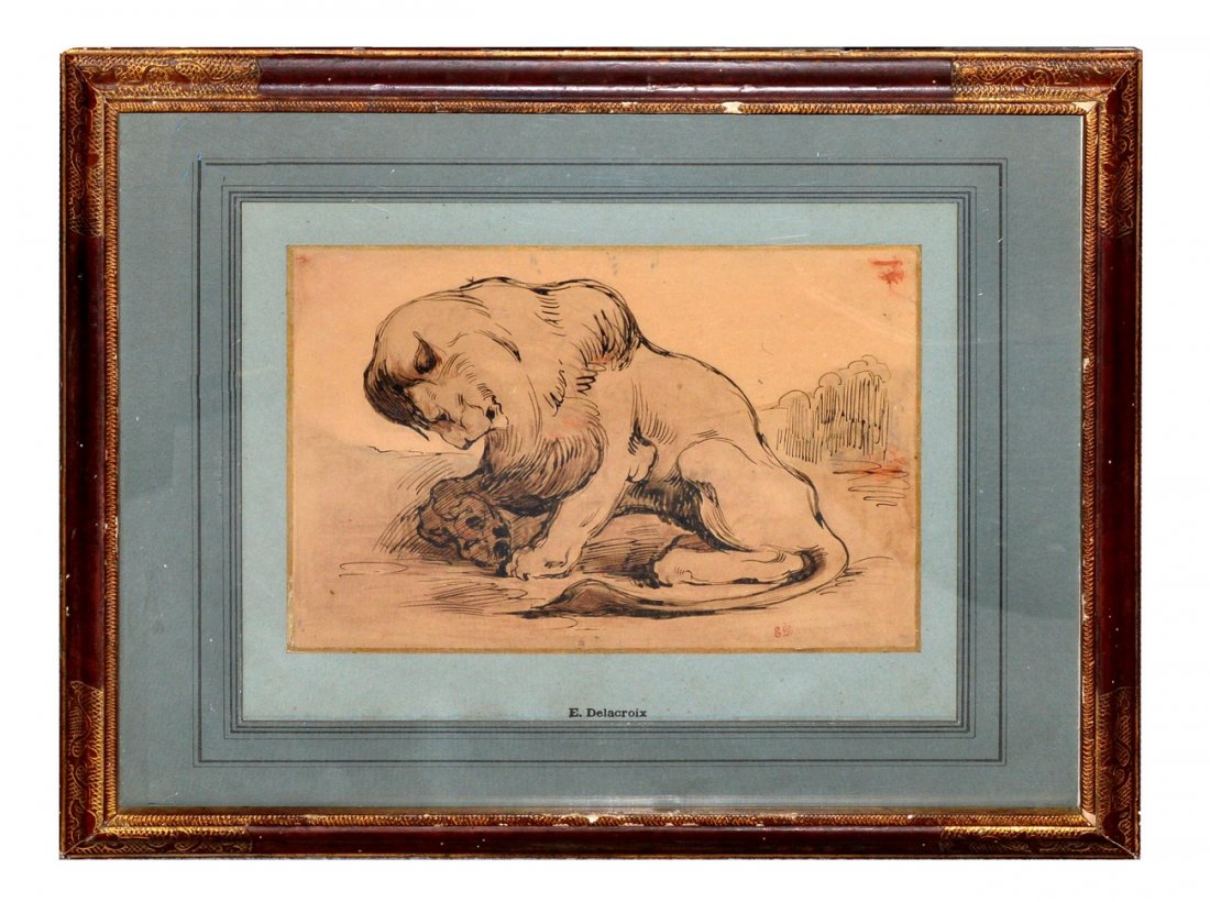Manner of Paul Jouve, Lion in a Landscape: Pen, ink, and brown wash on paper. Yellowed paper, some wear.