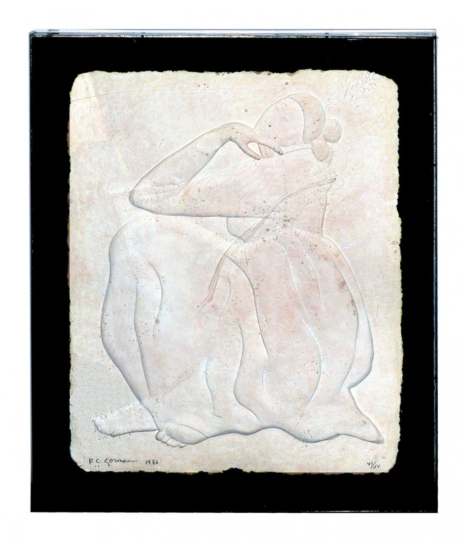 R.C. Gorman, Embossed Paper, Seated Woman: Depicts a seated woman in a long dress with hand held below chin. Signed at bottom left: "R.C. Gorman 1986" in pencil and numbered VI/XV." Art: 31" x 25". Mounted on black textile and contained in a c