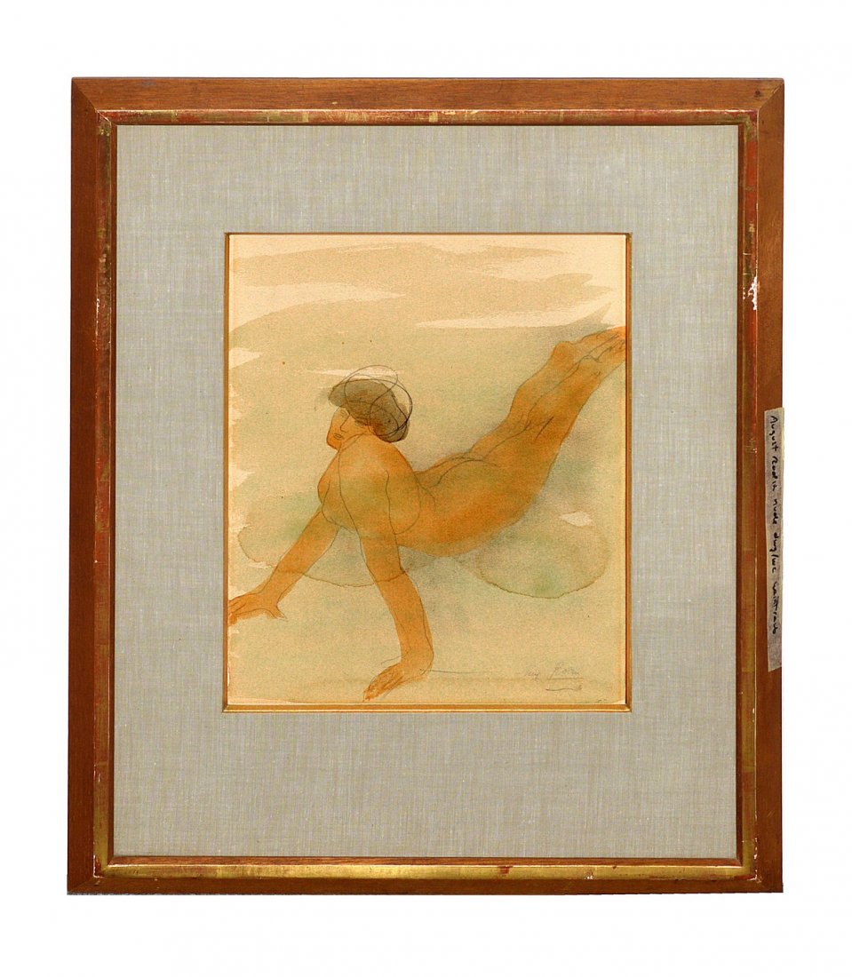 After Auguste Rodin, Nude: Framed nude watercolor, label on verso reads "Weintraub Gallery N.Y. Rodin, nude watercolor +1,000". Art: 9 1/2" x 12 3/4". Frame: 17 1/2" x 22".
