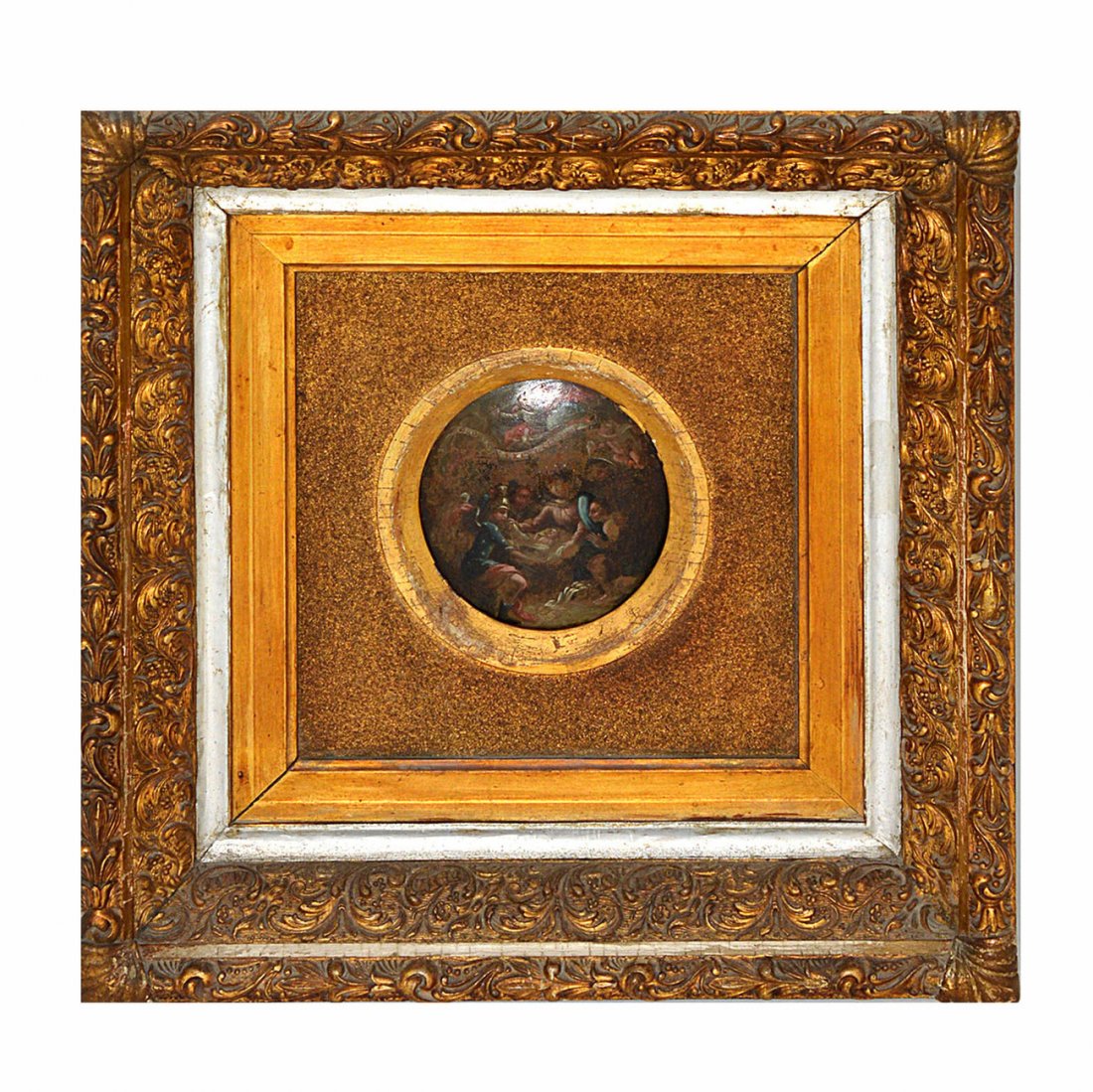 Spanish Colonial Painting on Copper, Christ: Convex oval copper medallion depicting a newborn Christ with Mary and witnesses. Art: 4 1/2" x 4 1/8". Frame: 16" x 15 1/4".