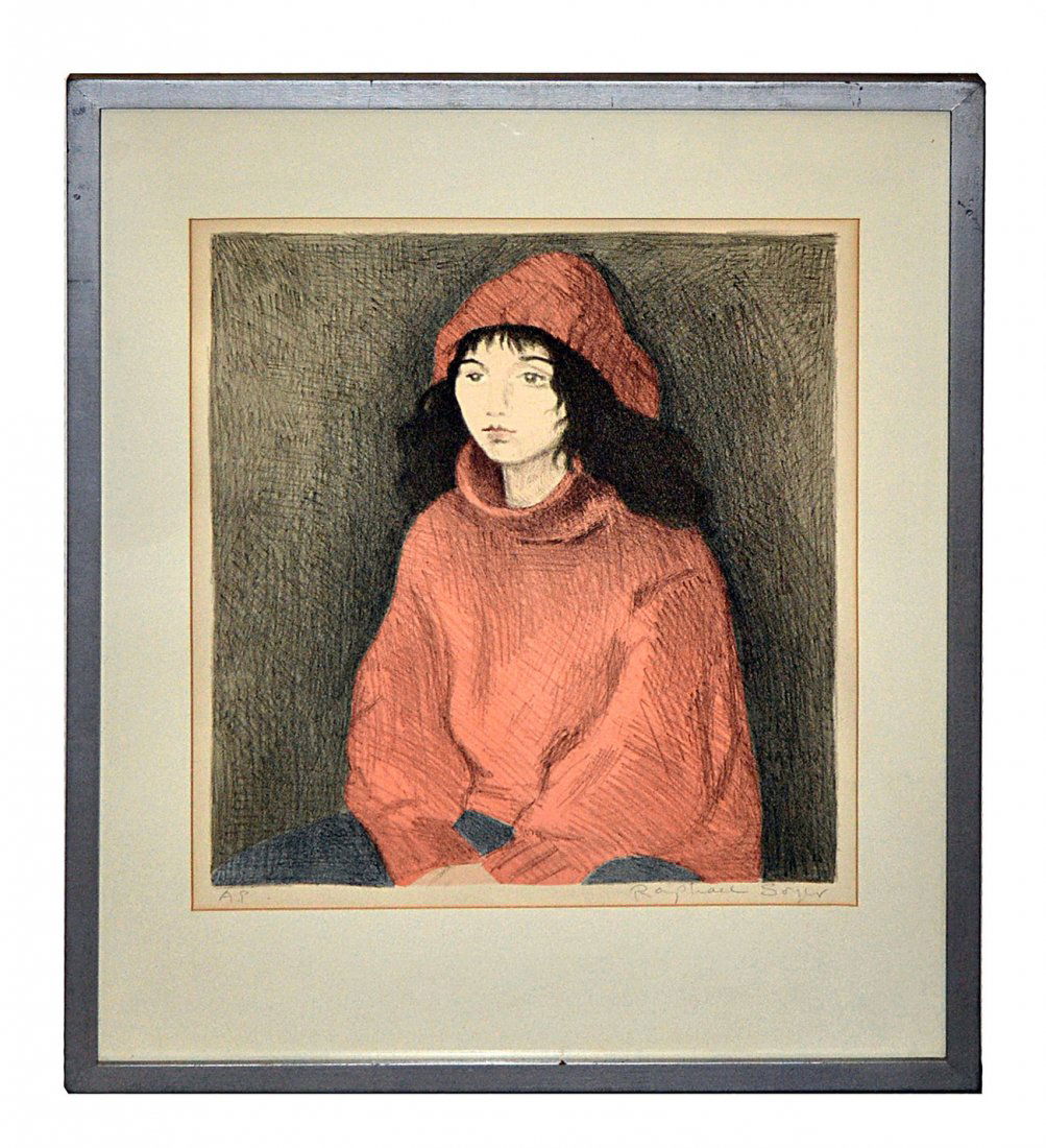 Raphael Soyer Lithograph: Framed print (A.P.) of a woman in pink wearing a hat. Art: 16" x 18 1/2". Frame: 23 1/2" x 29 1/2".