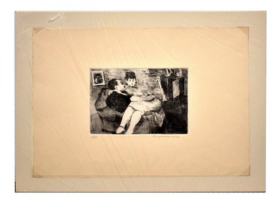 Raphael Soyer Print: Unframed print edition # 3/50, couple in a chair. Good condition. Overall 18" x 21".