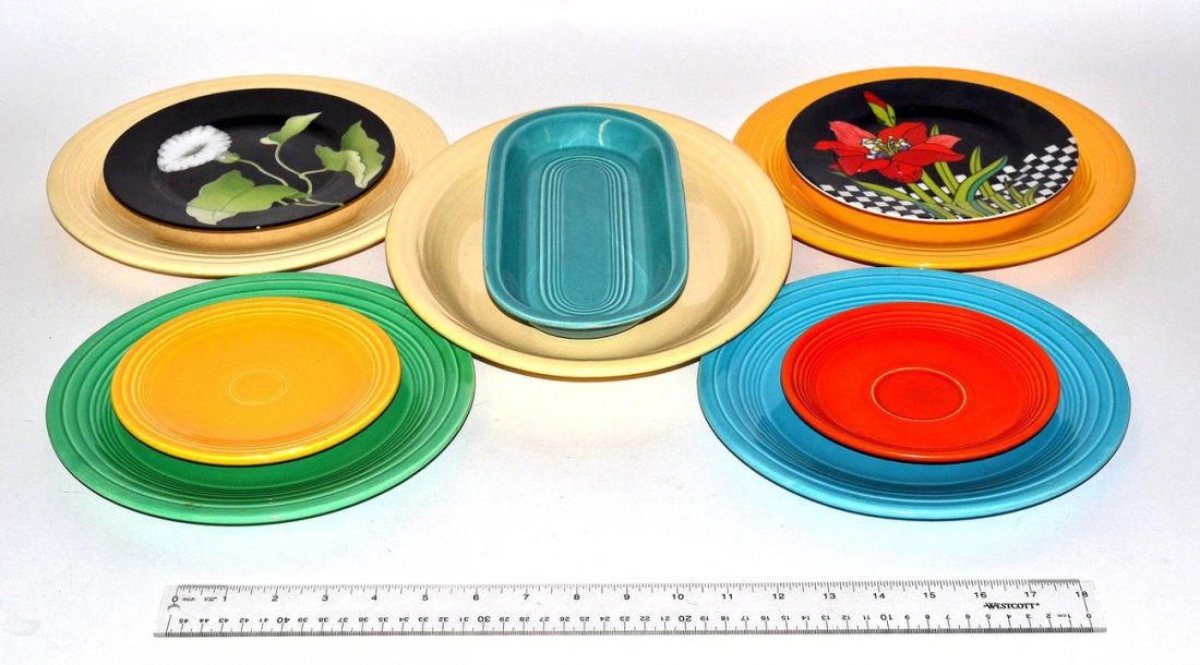 Fiestaware, Fitz and Floyd: Assorted Fiestaware and floral plates by Fitz and Floyd. Overall good condition. Approximately 45 pieces.