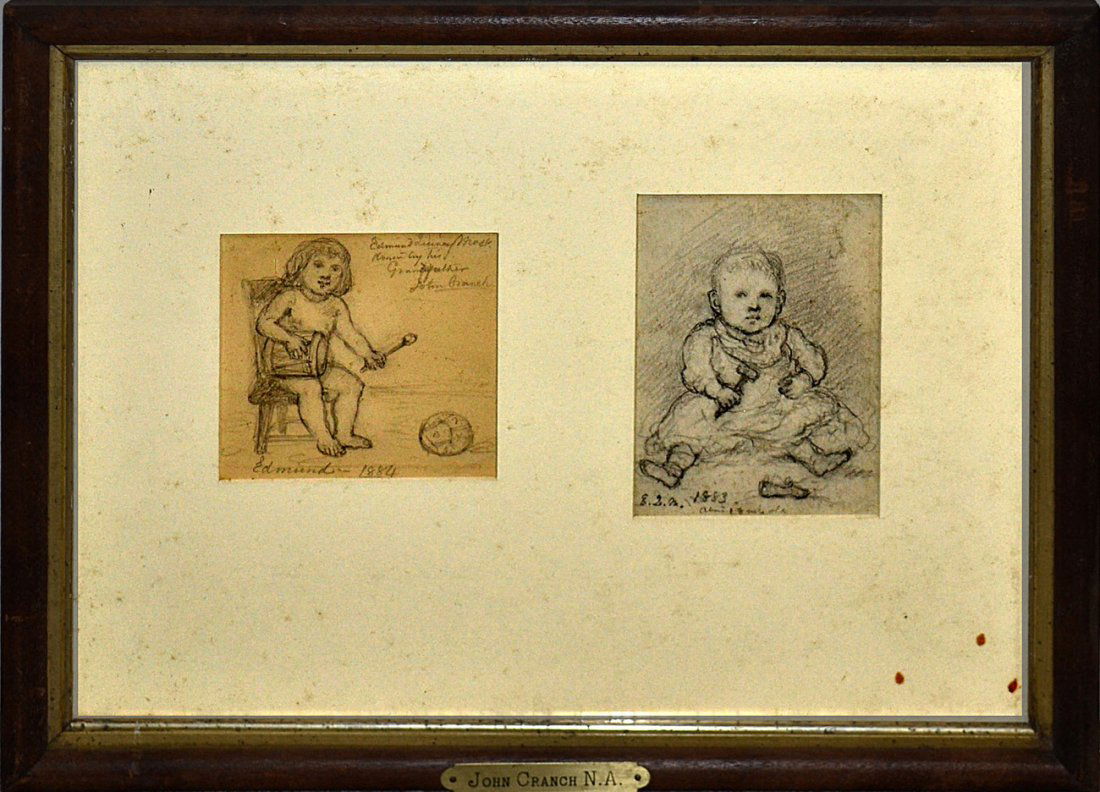 John Cranch, Two Sketches of Edmund Quincy: Two pencil drawings matted and framed together under glass depicting the artist's grandson. 4" x 4", and 5 1/4" x 3 1/2". One bear Cranch's signed inscription. Age toning.