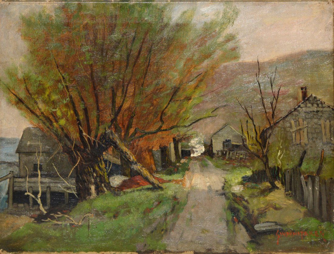 George William Whitaker, Oil on Canvas: Brichtman's Fishworks. Depicts a country road with dilapidated buildings and a mountain background. Signed bottom right, "G.W. Whitaker". Art 13" x 16". Unframed. Light soiling and abrasions at extrem