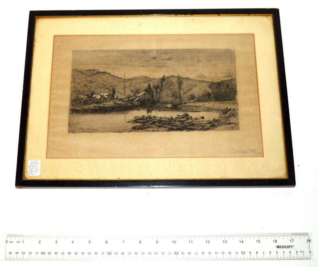 Stephen Parrish Etching, "Hills on the...": Hills on the Schroon". Etching on laid paper depicting an Adirondack riverside lumber mill. Signed and inscribed in-the-plate "Hills on the Schroon / S. Parrish" and again at bottom right margin, "Ste