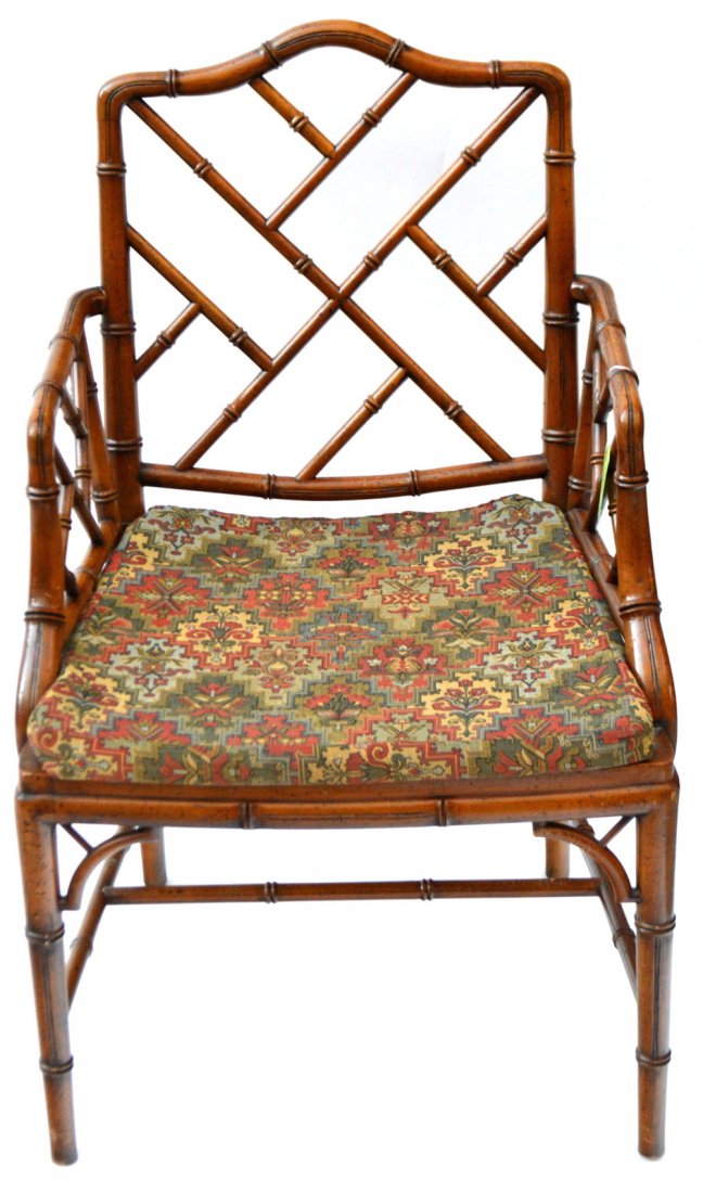 Walnut Faux Bamboo Open Arm Chair: Features caned seat with slip cushion. 23 1/4"W x 21"D x 36 1/2"H [17"H to seat]. Minor scuffs and scratches.