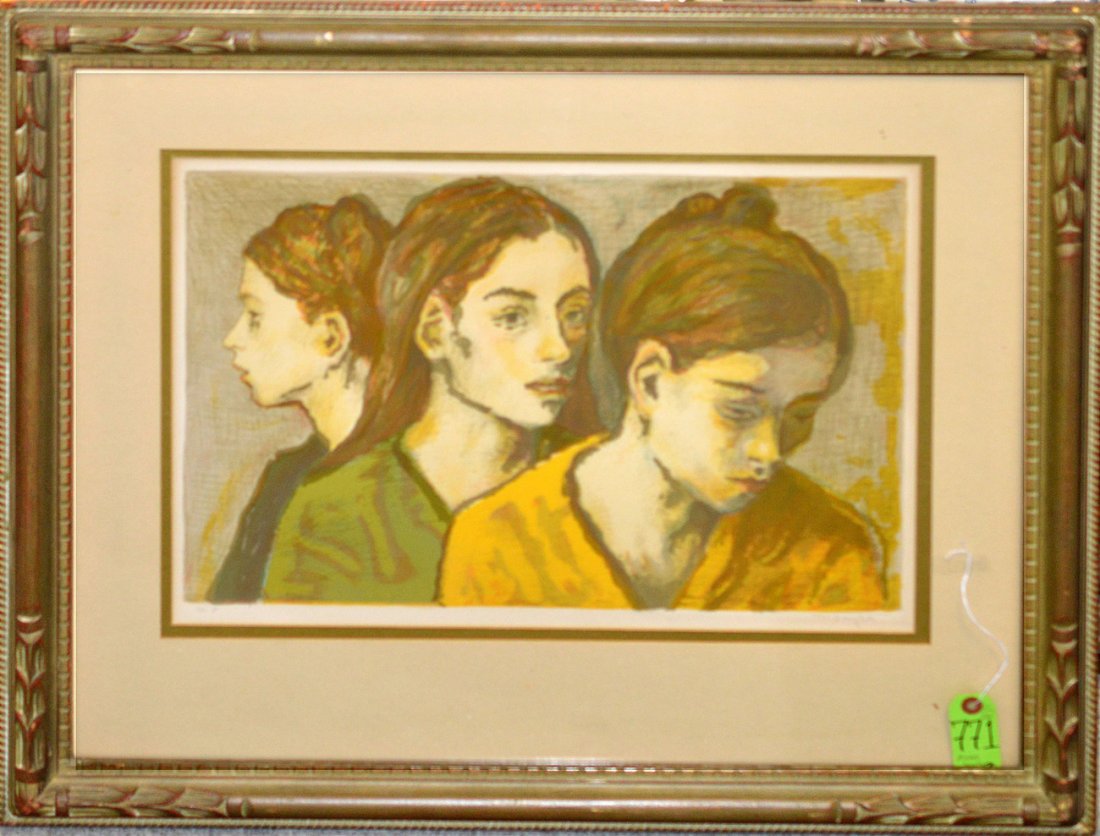 Moses Soyer - Signed Lithograph: Composition depicting three young women in bust length poses and various profiles. Inscribed and signed in bottom margin "A.P. M. Soyer", in pencil. Light tonining and matte burn. Image 14 1/8" x 20 3