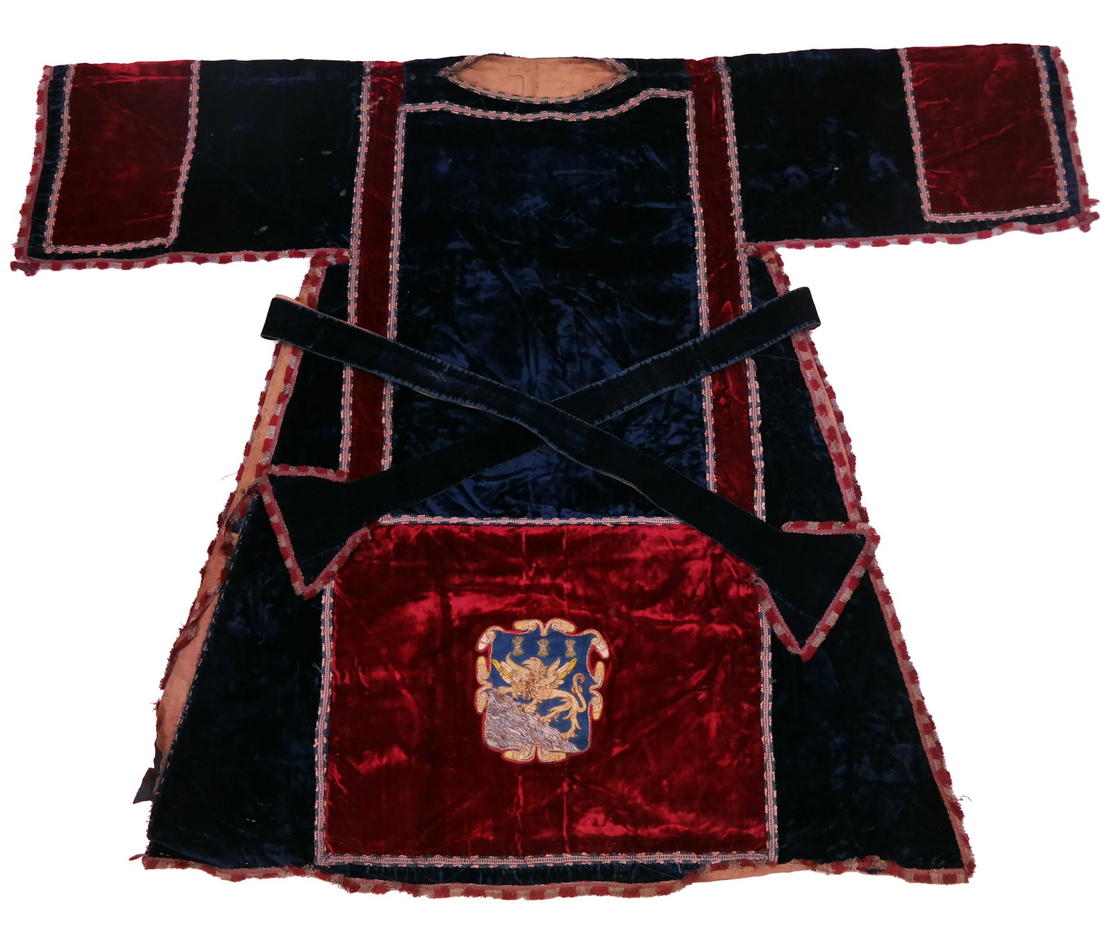 2 18th C. Silk Velvet Vestments, Dalmatic/Maniple: Two 18th Century vestments comprising a dalmatic and maniple in midnight blue and wine red silk velvet with blue and pink silk trim, embroidered in silk and gold with a coat of arms featuring a griffi