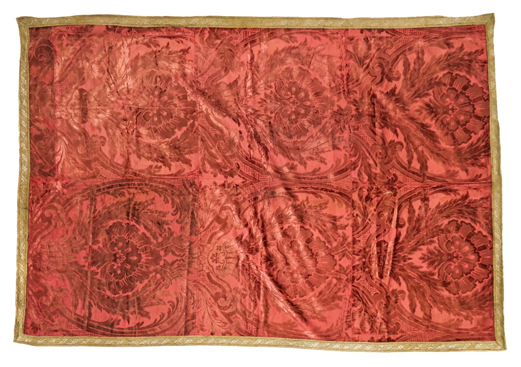 Rococo Revival Silk Velvet Cover: A Rococo Revival cover having two joint panels of pink cut and uncut silk velvet with a pattern of shells, trimmed in gold and silver ribbon, lined in cotton. [74" H x 52.5" W]. Piecing throughout, so