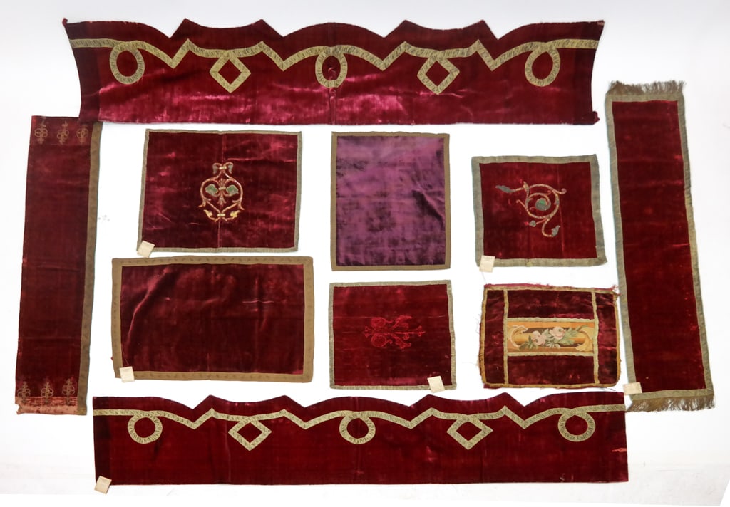 Group of 16th-19th C. Silk Velvet Valance & Mats: A group of ten 16th-19th Century silk velvet valance and mats, including: two 18th Century valances of dark red wine velvet with scalloped edges and silver ribbon trim, together with eight mats and ru