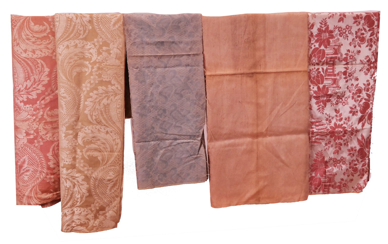 Large Lot of 18th C. Revival Silks & Cottons (15): A large lot of fifteen 18th Century Revival silks and cottons all comprising showroom samples from Lucian Alavoine & Co., circa 1880-1930. [Largest: 61.5" H x 51" W]. Overall good condition.