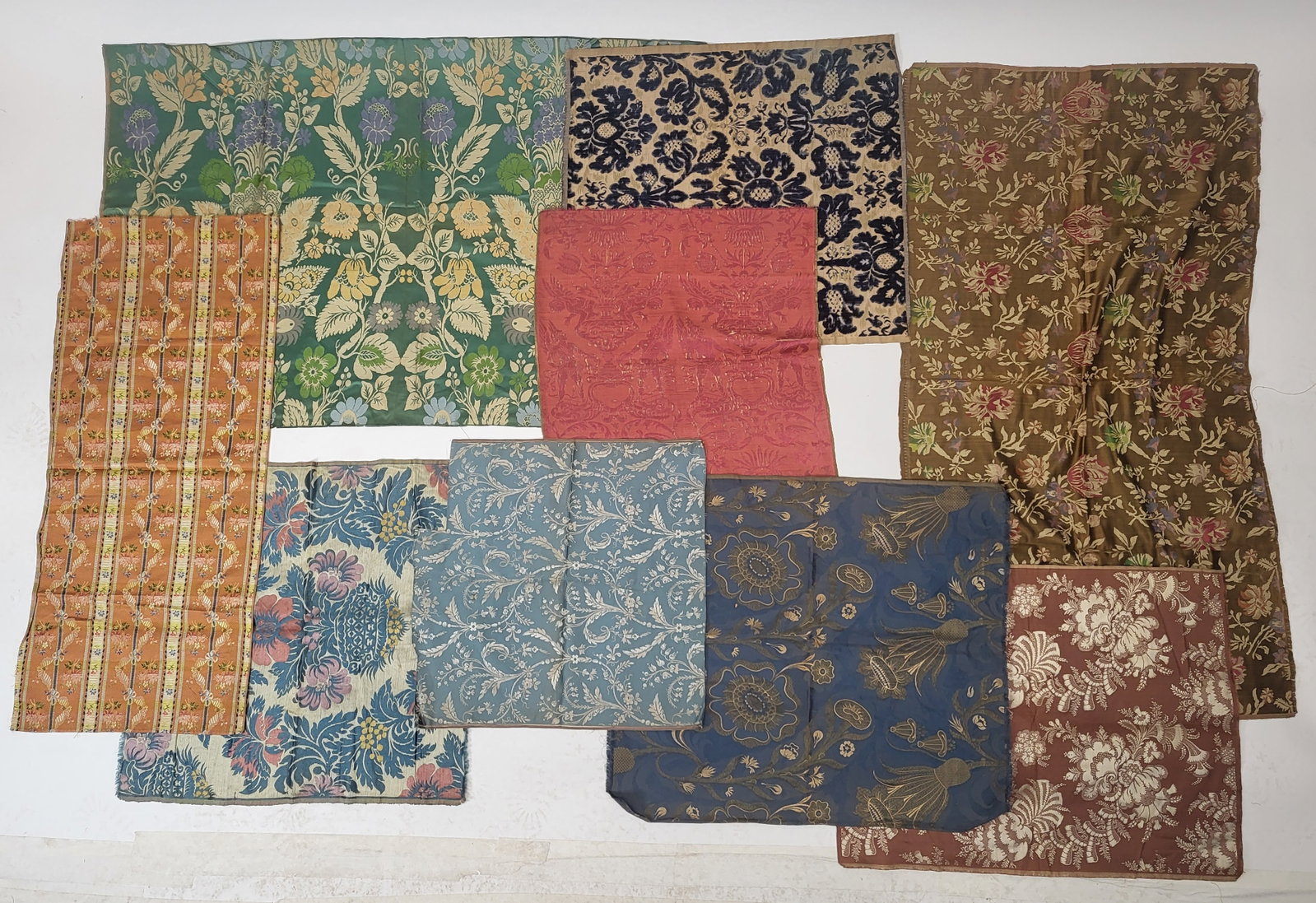 17th/18th C. Revival Silk Showroom Samples (9): A group of nine 17th/18th Century Revival silk showroom samples with designs after late Renaissance and up to Rococo silks including bizarres and Baroque style velvet. Provenance: Lucien Alavoine & Co