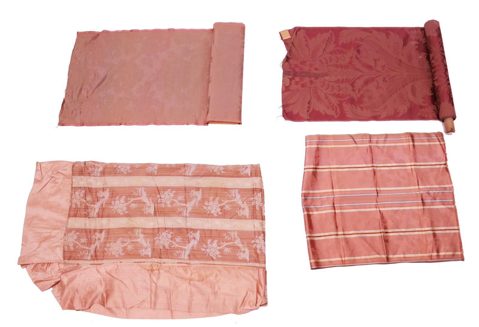 18th C. Style Mauve Pink & Purple Silks (4): A group of four mauve pink and purple silks, including: a large scale furnishing damask in pale purple; a pink green damask; a pink striped silk; and a pink and blue striped daybed cover. Provenance: 