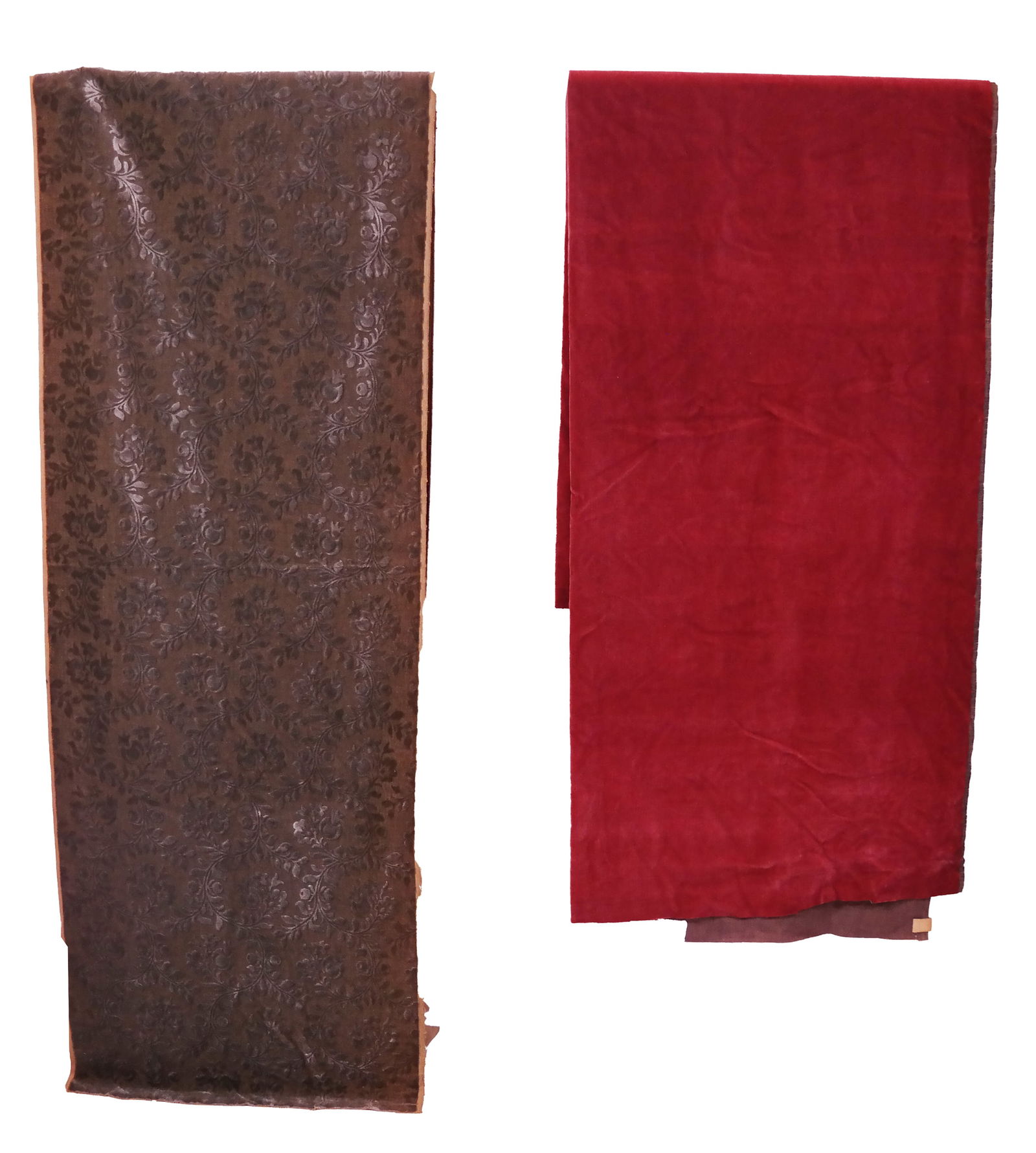 Group of 2 Stamped & Plain Mohair Wool Velvets: A group of two stamped and plain mohair wool velvets circa 1920's/1930's, including: a grey blue mohair stamped in floral pattern; and a plain cherry red mohair wool velvet. Provenance: Lucien Alavoin