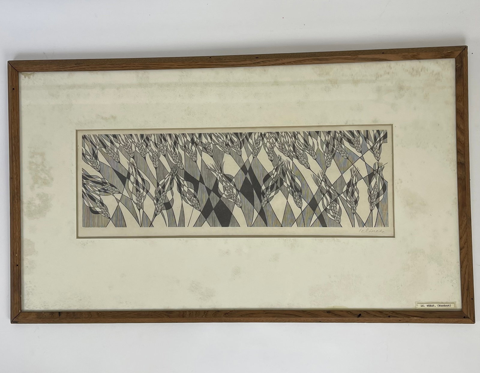 Hans JELINEK: "Wheat" - Signed Woodcut Engraving: Hans Jelinek (Austrian/American, 1910-1992) woodcut engraving of stylized wheat, titled "Wheat". Pencil signed lower right, matted and framed beneath glass. Provenance: From the Estate of Hans Jelinek